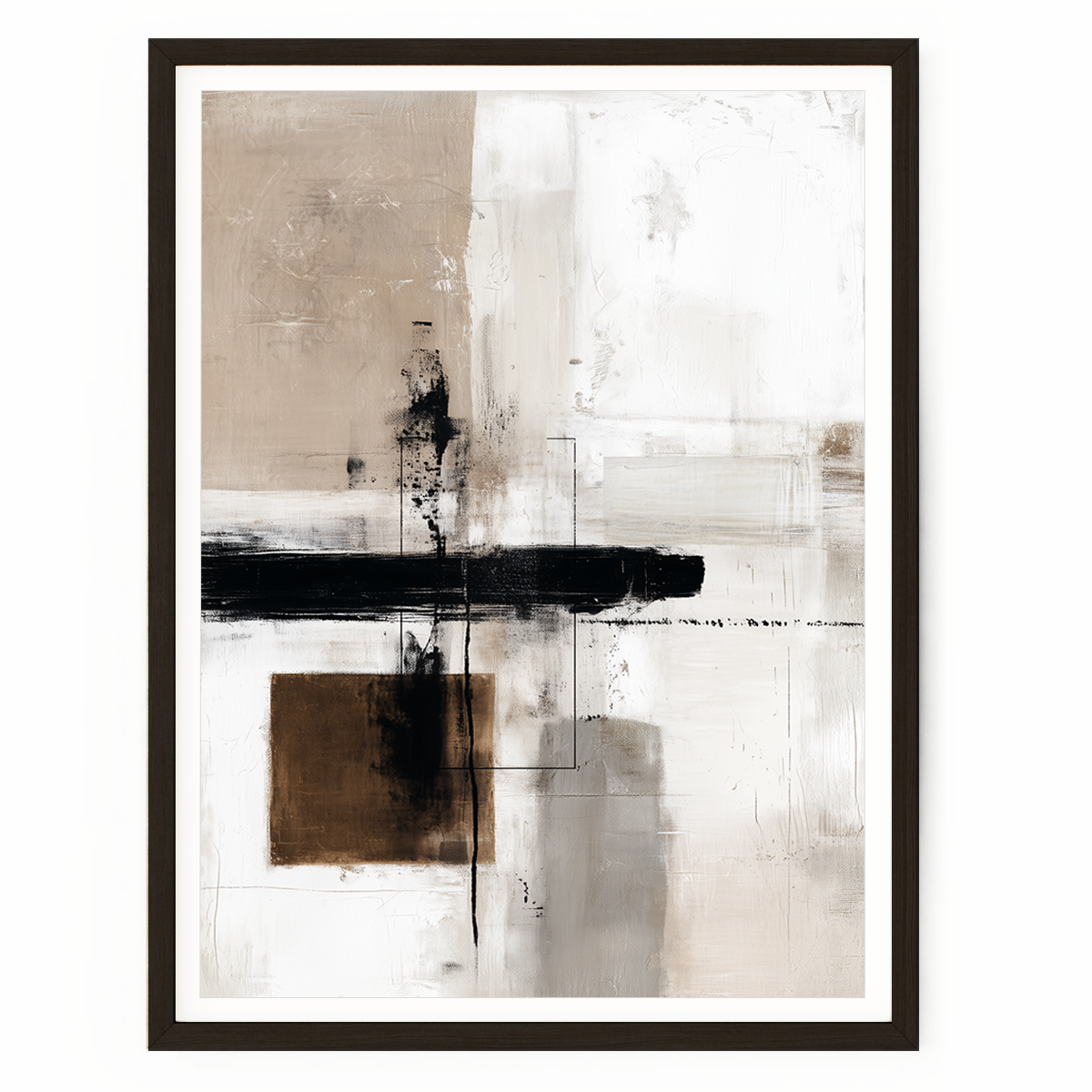 Urban Echo | Minimalist Abstract Art Print | Beige, Black & Brown Geometric Brushstroke | Giclee, Canvas & Poster Print | Matte | Framed or Unframed featuring neutral tones and bold black brushstrokes in modern minimalist style.