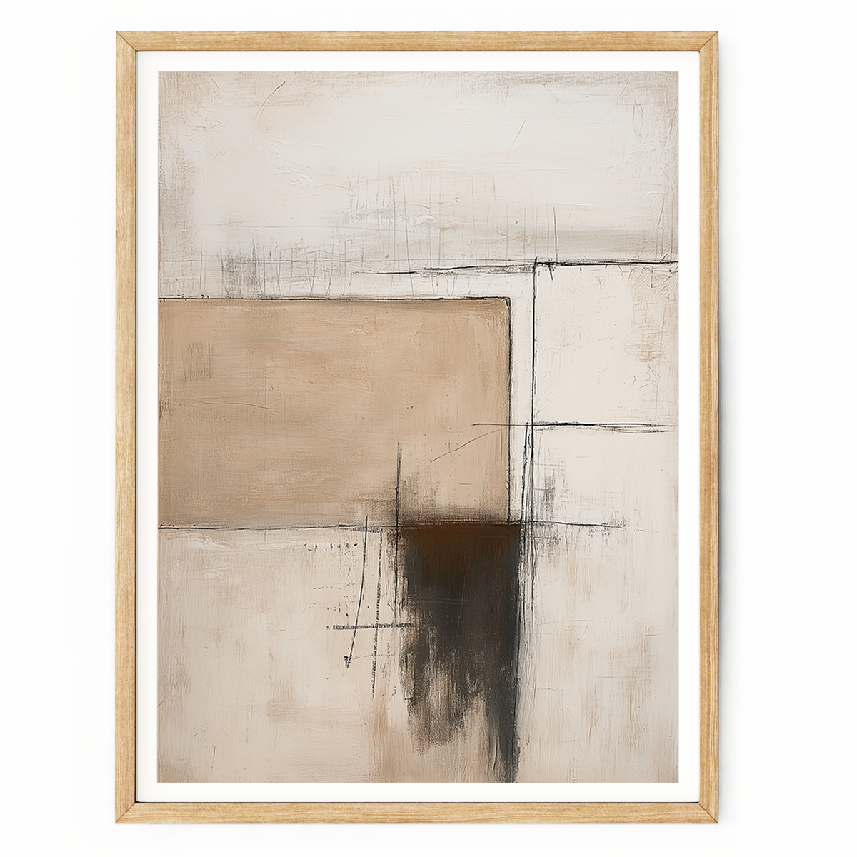 Architectural Abstract Wall Art | Neutral Textured Minimalist Canvas | Wabi-Sabi Modern Decor featuring soft beige and brown geometric shapes with subtle black accents in a natural wood frame, perfect modern wall art for living room.