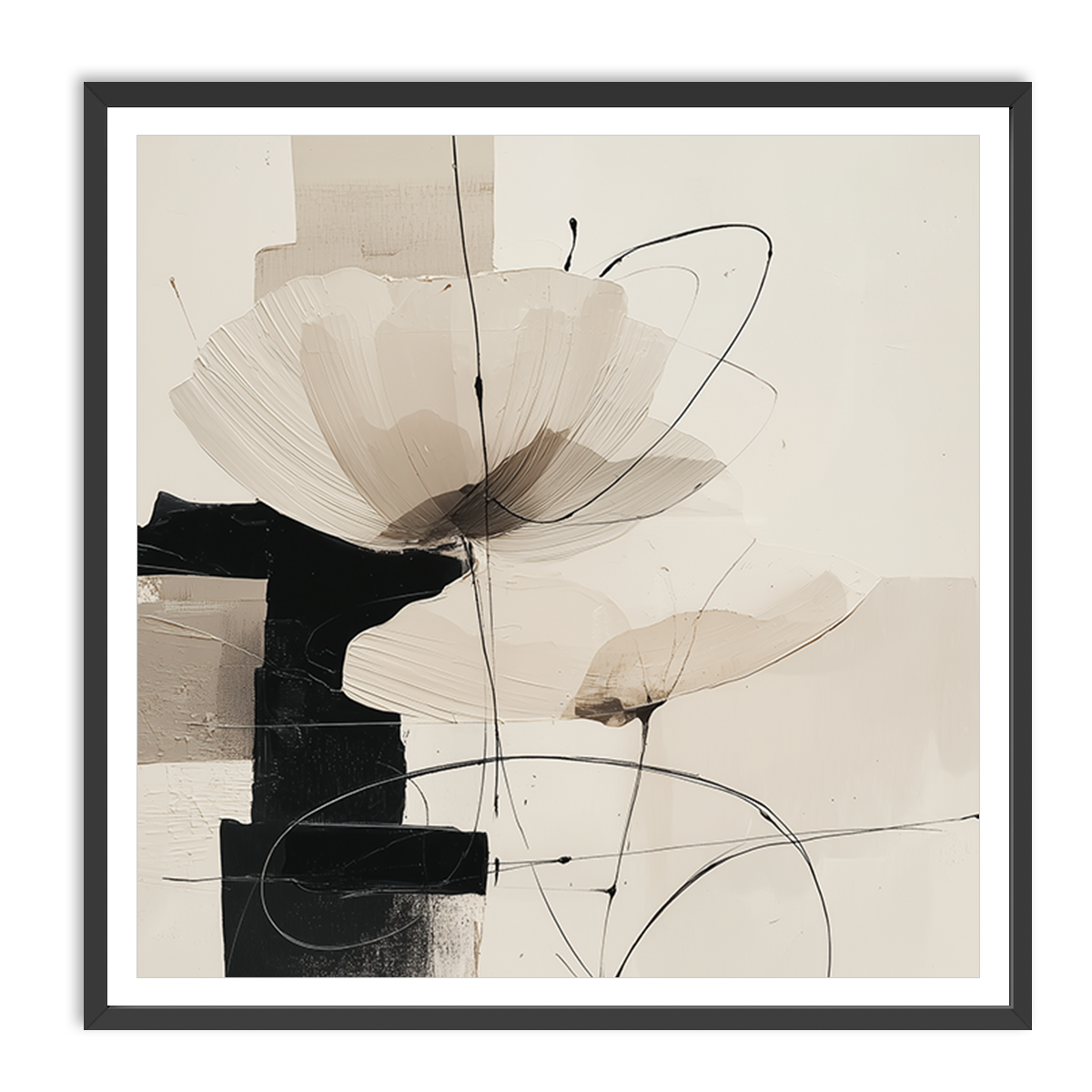 Neutral Abstract Botanical Wall Art Print - Modern Geometric Minimalist Decor featuring soft beige and black floral shapes with delicate linework in a contemporary minimalist style.