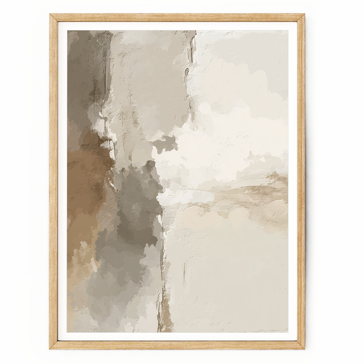 Japandi abstract wall art with textured plaster-like layers in greige, taupe, cream, and beige tones for minimalist modern decor.