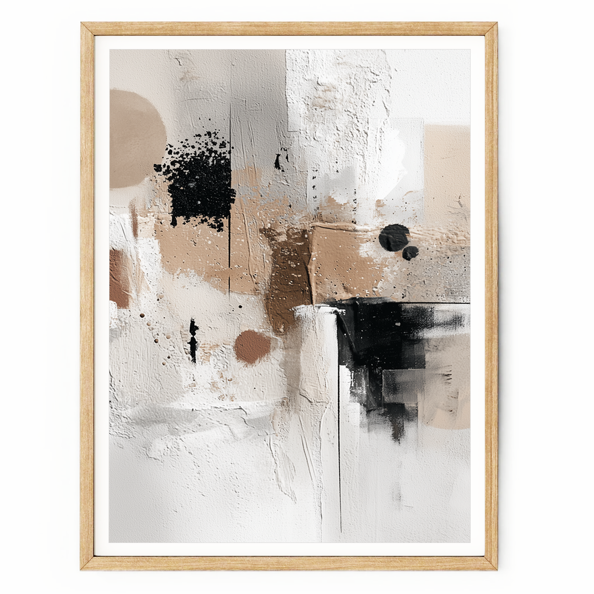 Neutral textured abstract wall art with beige, cream, black, and earthy tones featuring layered plaster-like textures and minimalist geometric forms.