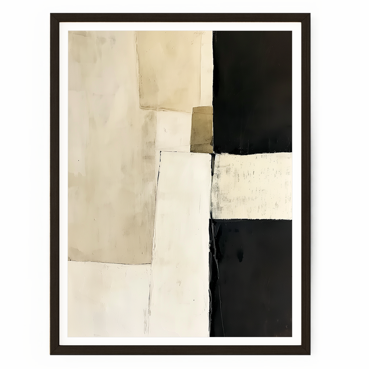 Architectural abstract wall art with geometric shapes in black, white, and beige featuring textured minimalist design.