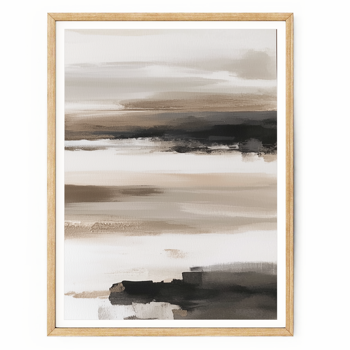 Abstract horizon wall art with watercolor textures in muted blue, grey, and earthy brown tones for minimalist modern decor.