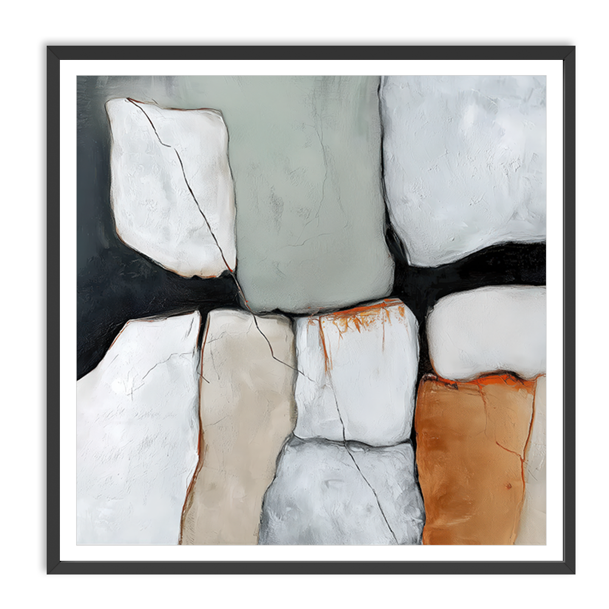 Wabi-Sabi Abstract Wall Art | Earth Tone Minimalist Print | Sage Green & Burnt Orange Decor featuring textured blocks in muted sage green, burnt orange, beige, white, and black for modern minimalist living room.