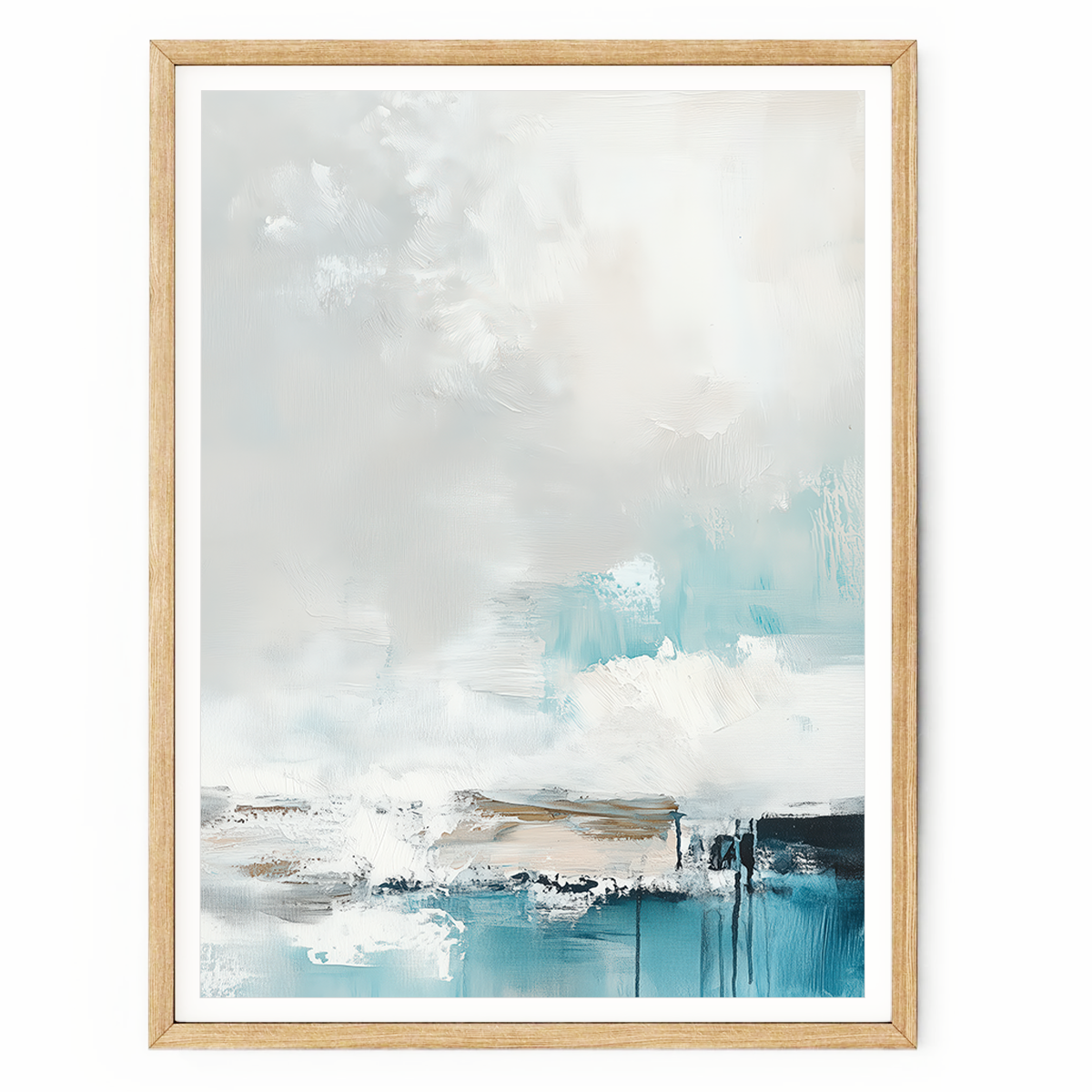 Abstract seascape painting in blue, teal, and neutral tones