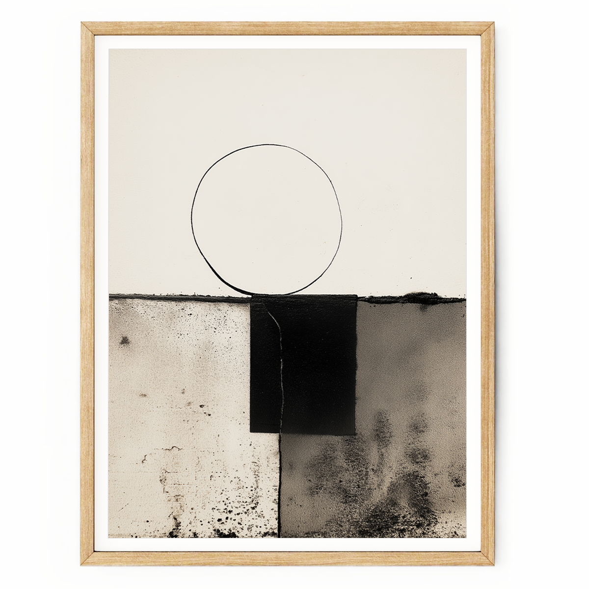 Modern Abstract Geometric Wall Art – Minimalist Black & White Textured Print featuring a simple black circle above textured rectangular shapes in neutral tones, perfect as modern wall art.