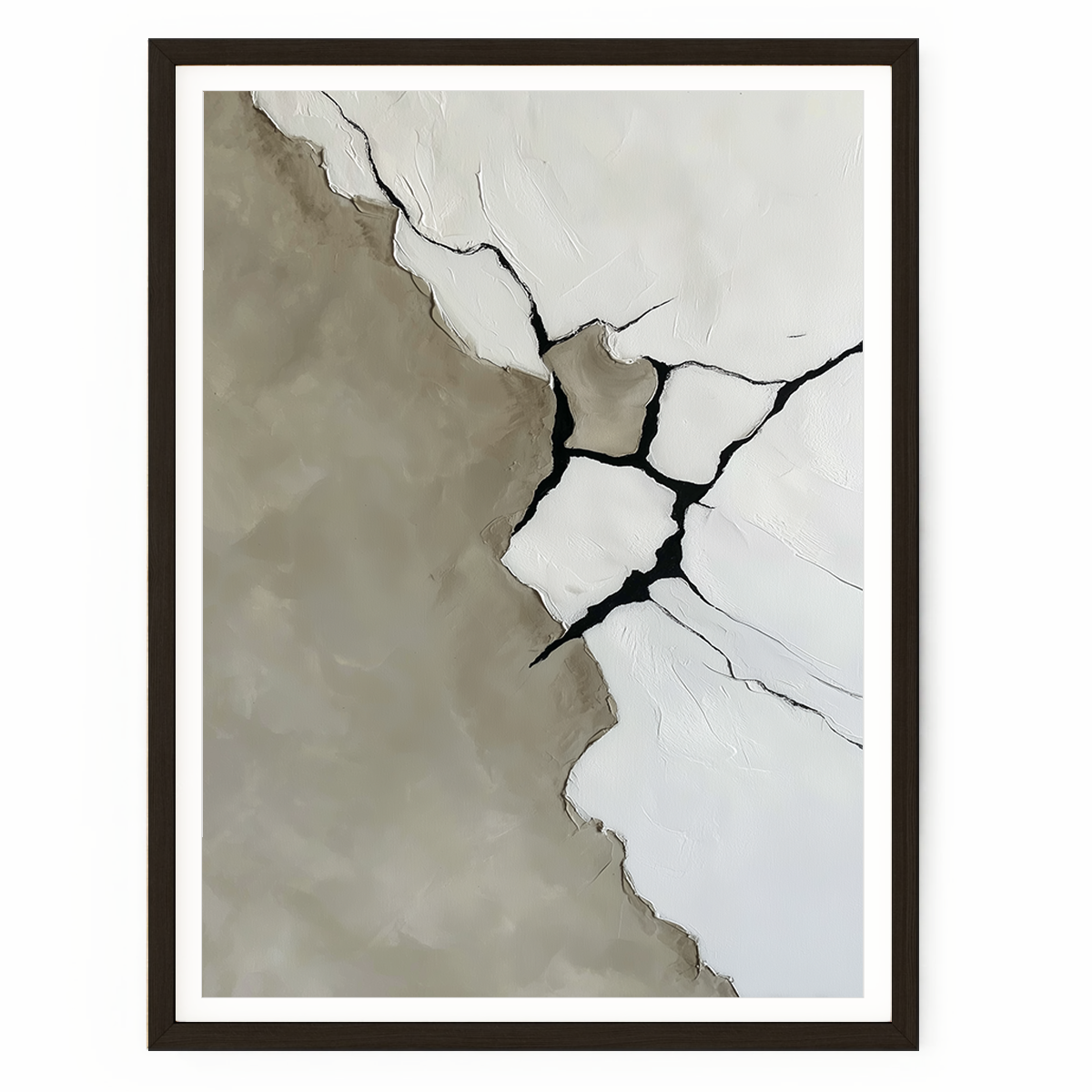 Minimalist abstract art print with bold cracked texture in white grey and black tones, monochrome wall art print available as giclee canvas or poster