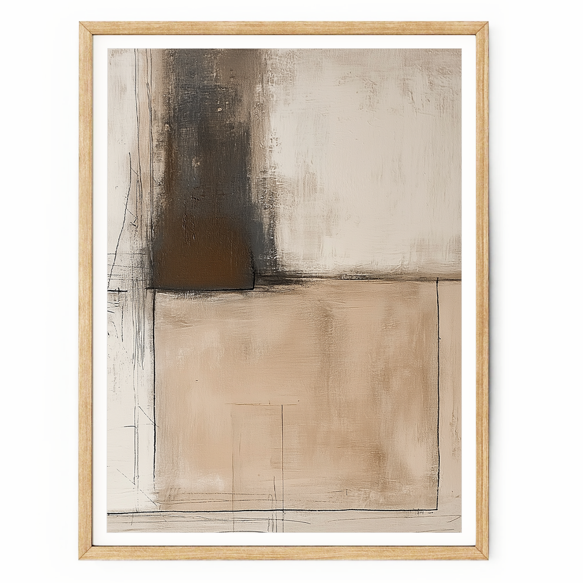 Architectural Abstract Wall Art II | Neutral Minimalist Companion Print | Textured Modern Decor featuring soft beige, tan, and dark brown tones with subtle textured brushstrokes and simple geometric shapes.