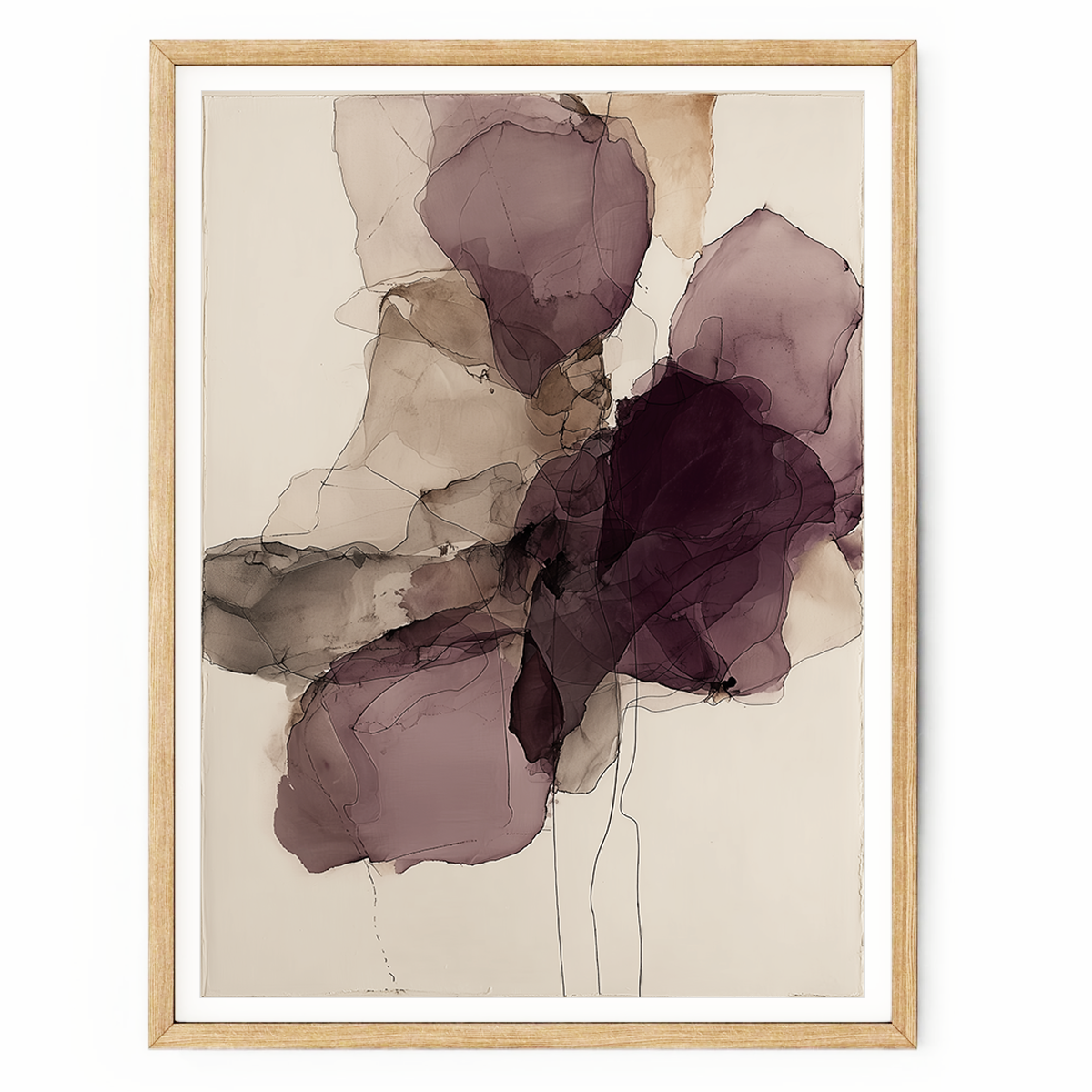 Ink Wash Abstract Floral Wall Canvas Art Print - Burgundy Minimalist Modern Wall Art featuring soft, overlapping burgundy and neutral tones in an elegant abstract floral design with a light wood frame.