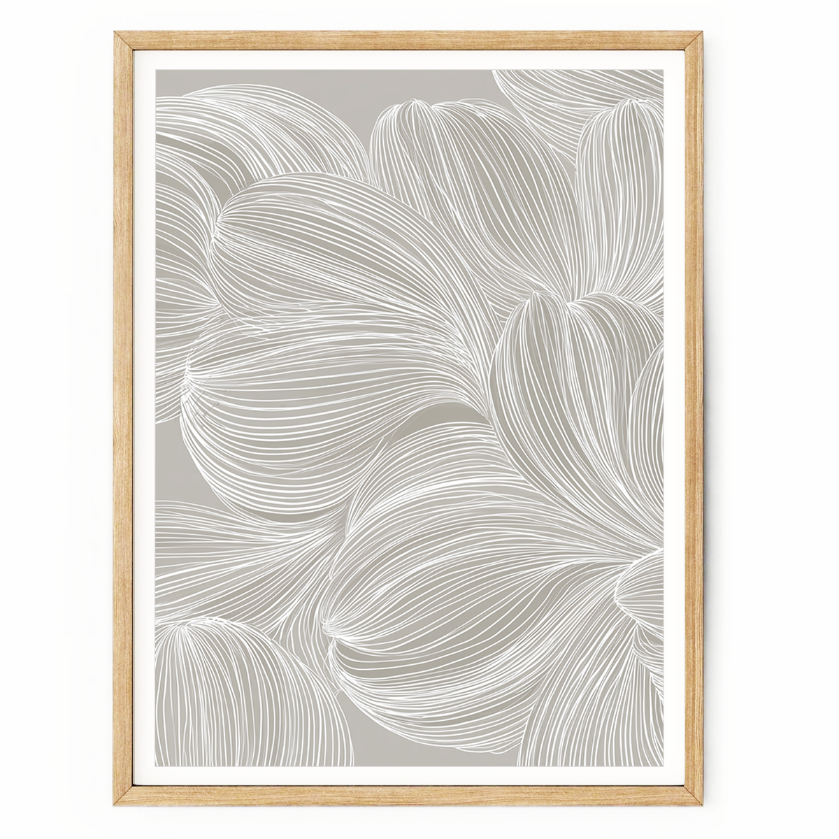 Minimalist line art print with flowing white botanical-inspired lines on a soft grey background in a contemporary abstract style.
