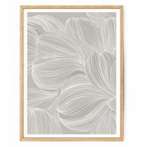 Minimalist line art print with flowing white botanical-inspired lines on a soft grey background in a contemporary abstract style.