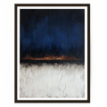 Moody abstract horizon wall art with deep navy and black tones, glowing orange horizon, and textured crackle detail.