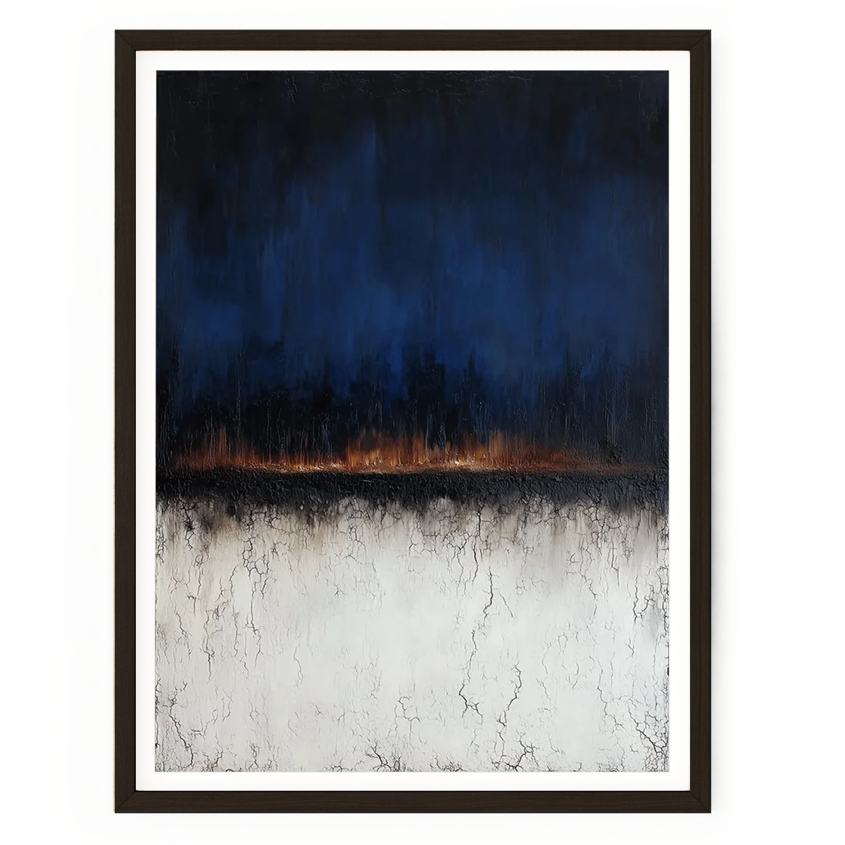 Moody abstract horizon wall art with deep navy and black tones, glowing orange horizon, and textured crackle detail.