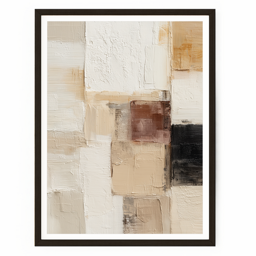 Neutral abstract wall art canvas with layered sand, beige, cream, ochre, and black tones featuring textured contemporary design.