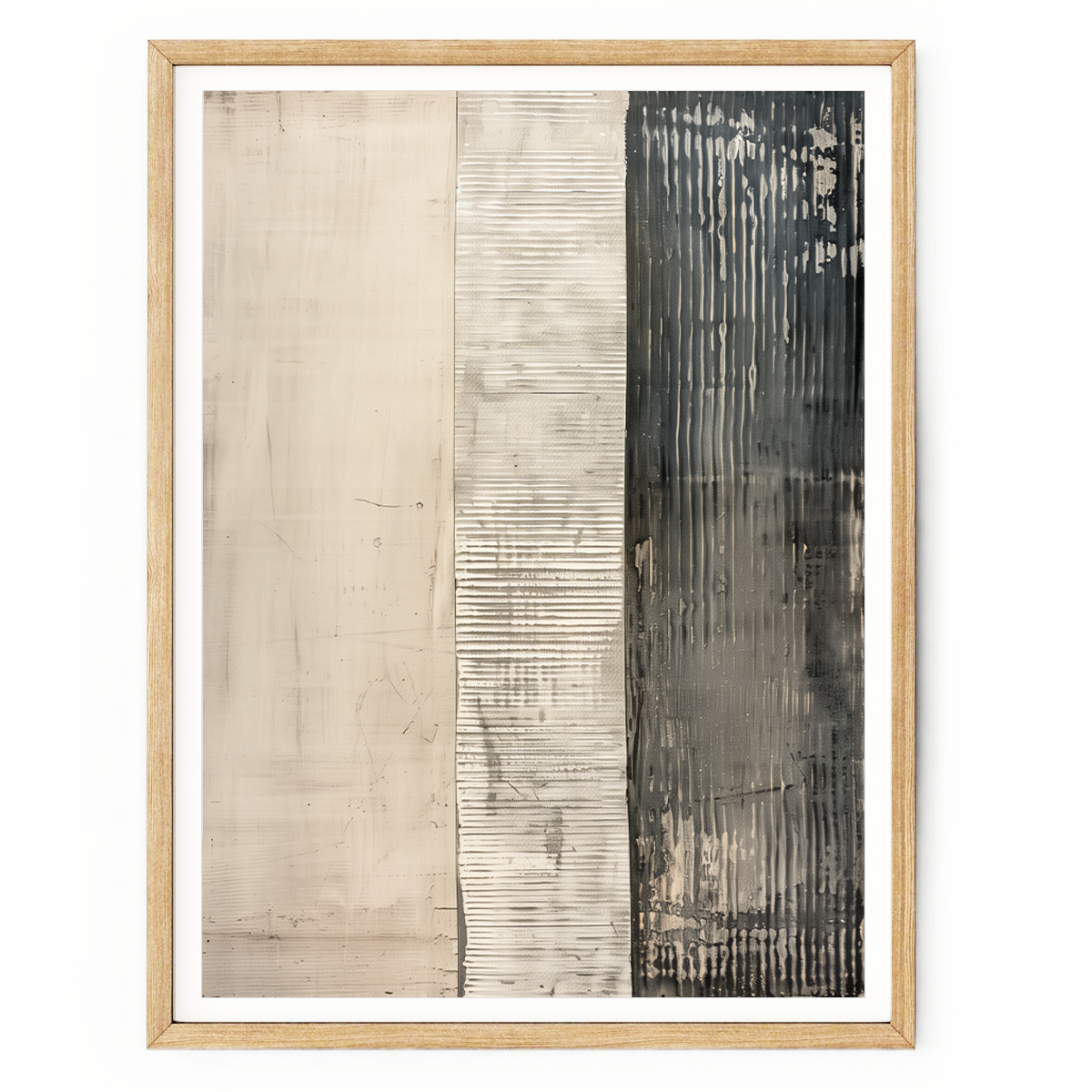 Neutral abstract wall art featuring three vertical triptych-style panels with beige, grey, cream and charcoal industrial textures.