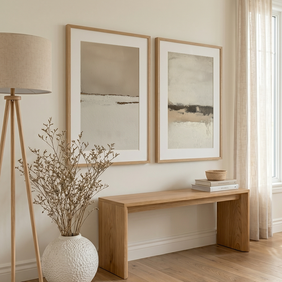 Neutral abstract wall art set with modern beige, taupe and cream brushstroke prints arranged as a minimalist Japandi gallery wall.