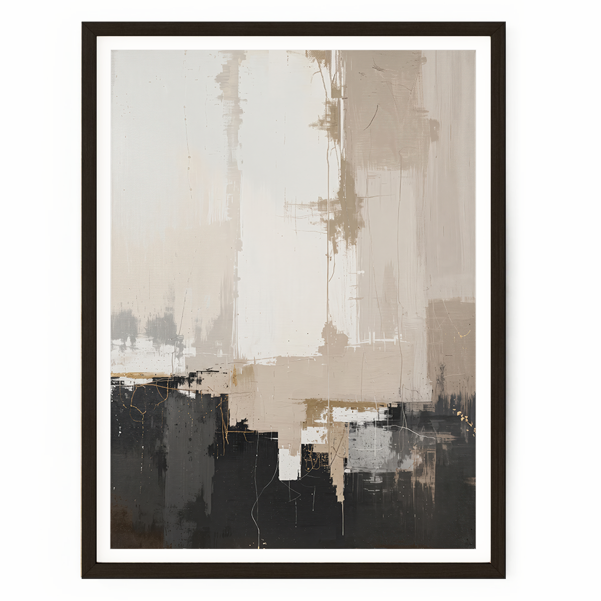 An abstract framed wall art print featuring a modern composition of beige, gray, black, and white textured brushstrokes with subtle gold veining, presented in a dark brown frame with a white mat against a clean white background.