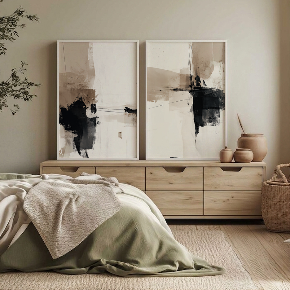 Neutral abstract wall art set featuring expressive black brushstrokes on warm beige and cream backgrounds in a modern minimalist style.