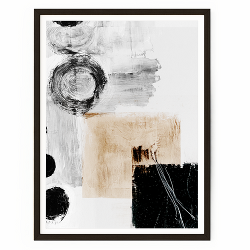 Neutral abstract wall art with textured geometric shapes in white, charcoal, grey, and beige featuring layered mixed-media details.