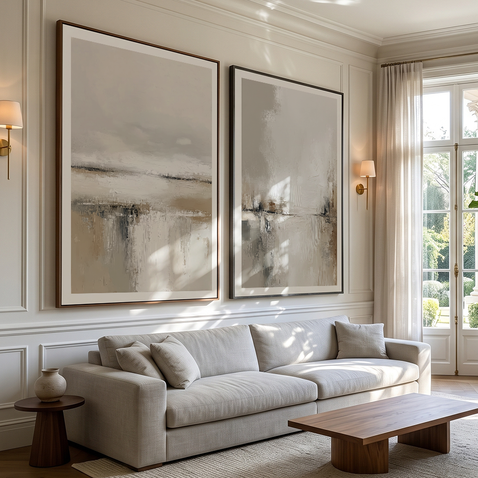Neutral landscape wall art set of two featuring minimalist abstract horizons in beige, cream, taupe, brown and soft grey tones.