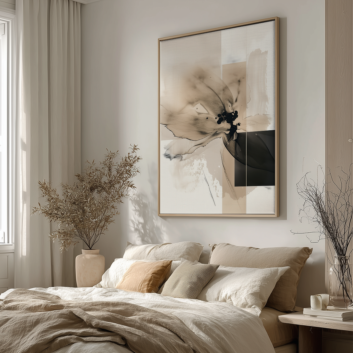 Abstract Floral Wall Art | Neutral Beige & Black Canvas