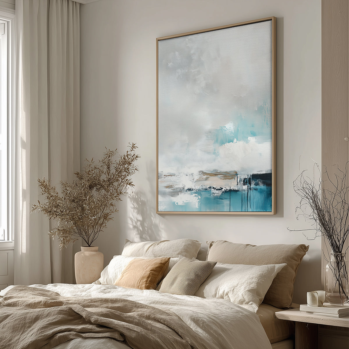 Modern bedroom with abstract art on the wall, bed with pillows, and side table.