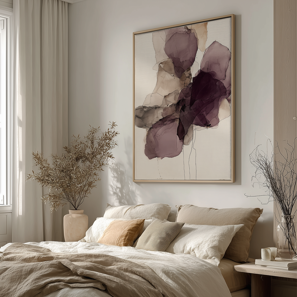 Ink Wash Abstract Floral Wall Canvas Art Print - Burgundy Minimalist Modern Wall Art featuring layered translucent burgundy and neutral abstract shapes framed above a cozy beige bed in a softly lit bedroom.