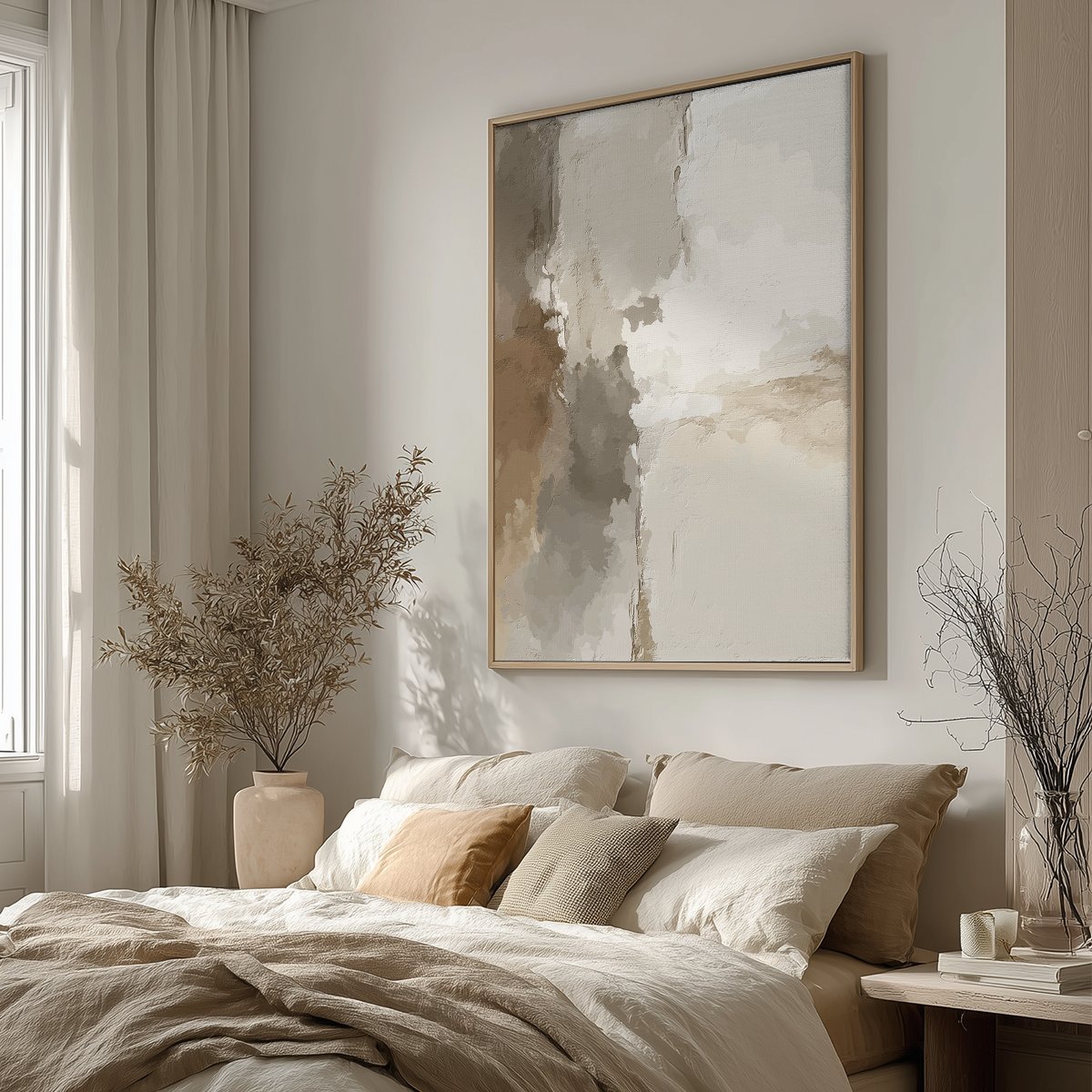 Japandi Abstract Wall Art | Neutral Textured Plaster Canvas hanging above a bed in a minimalist bedroom featuring soft neutral tones and dried plants, showcasing modern abstract art prints.