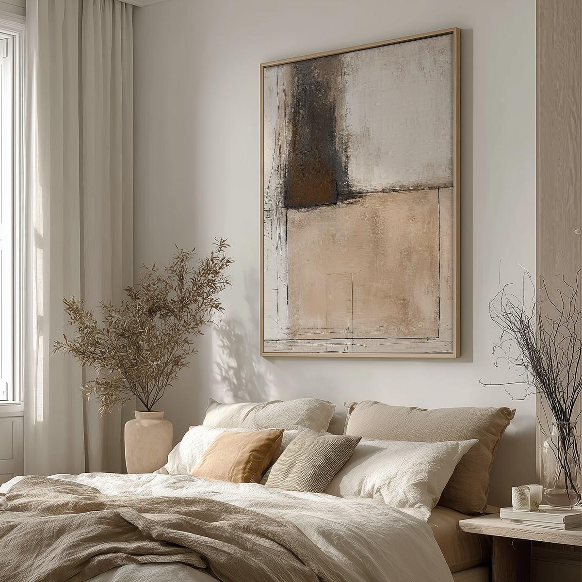 A serene bedroom featuring the Architectural Abstract Wall Art II | Neutral Minimalist Companion Print | Textured Modern Decor above a beige bed with soft pillows, complemented by neutral-toned dried plants and minimalist decor.