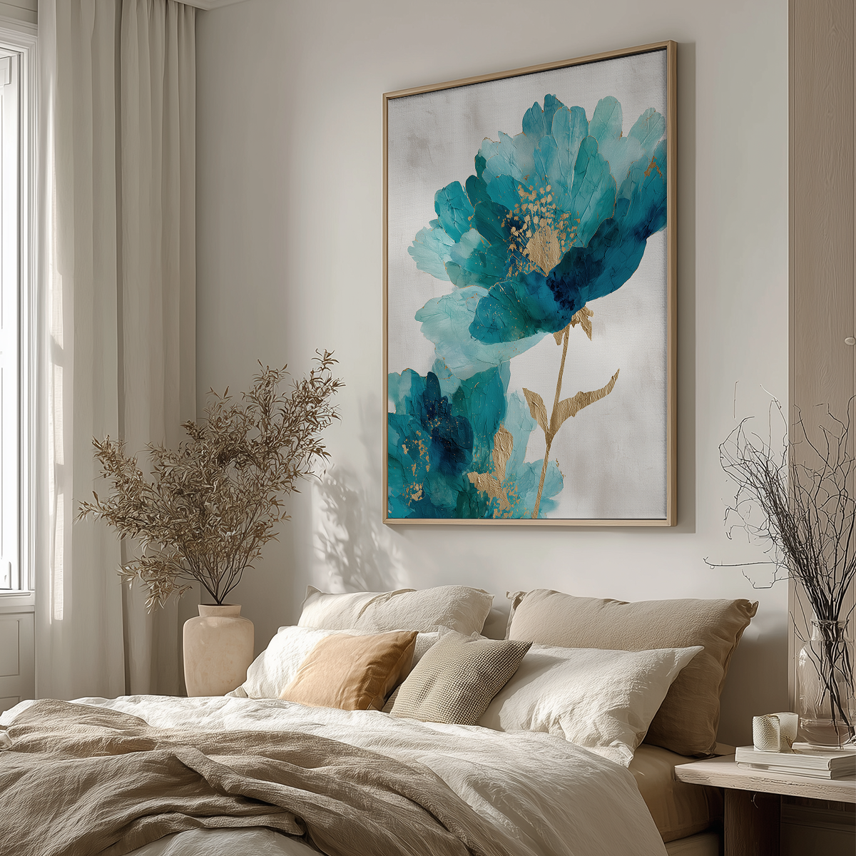 Blue Infusion Abstract Floral Wall Art | Teal & Indigo Botanical Canvas | Modern Luxe Decor hanging above a neutral-toned bed with soft pillows and natural decor accents in a bright, minimalist bedroom.