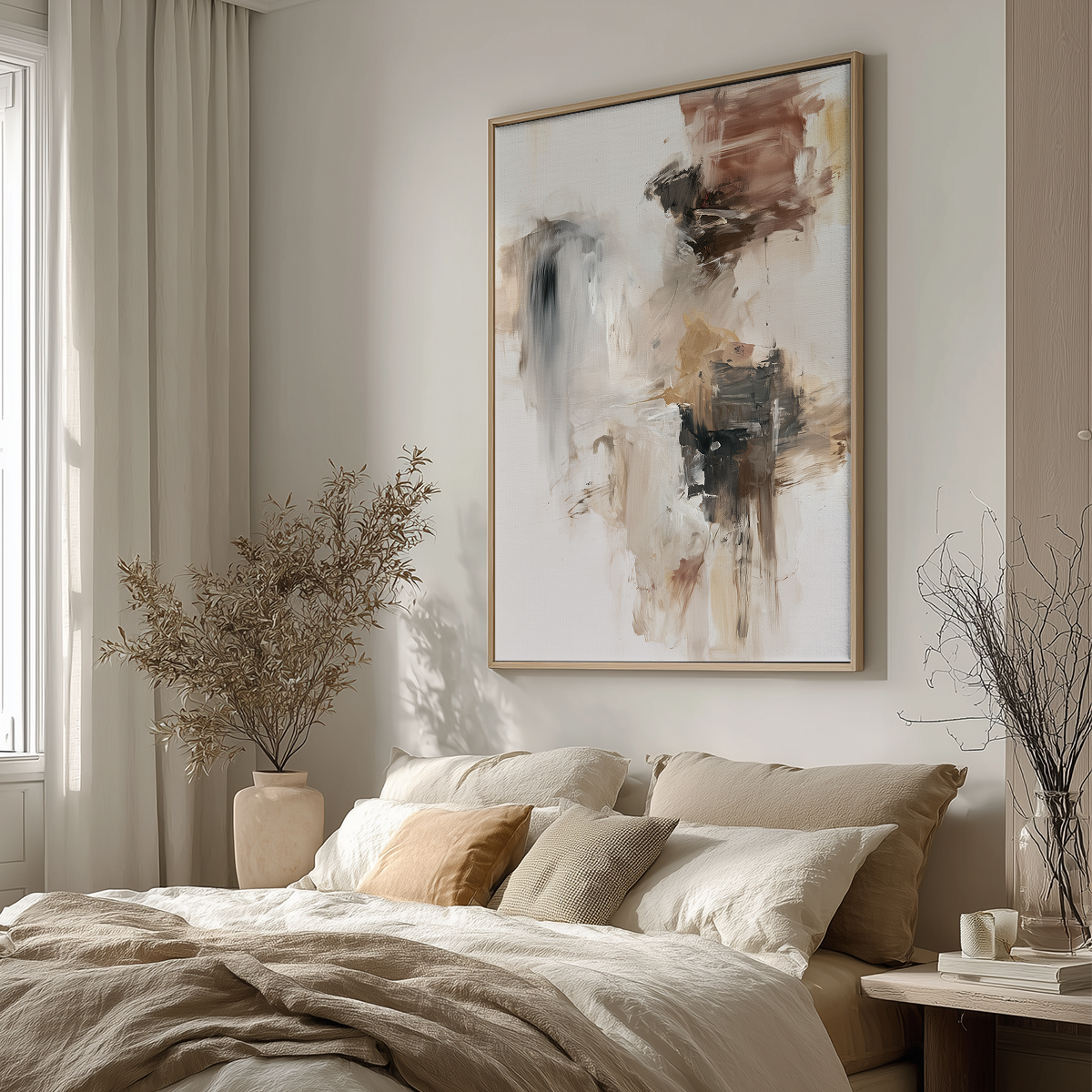 A large framed abstract wall art print hangs above a neatly made bed in a softly lit bedroom. The artwork features sweeping brushstrokes in beige, brown, black, and gray on a white background, surrounded by neutral bedding, pillows, curtains, and dried botanical arrangements.
