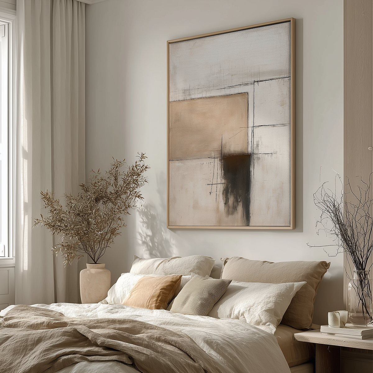 Architectural Abstract Wall Art | Neutral Textured Minimalist Canvas | Wabi-Sabi Modern Decor hanging above a bed in a calm, neutral-toned bedroom with soft linens and natural decorative elements.