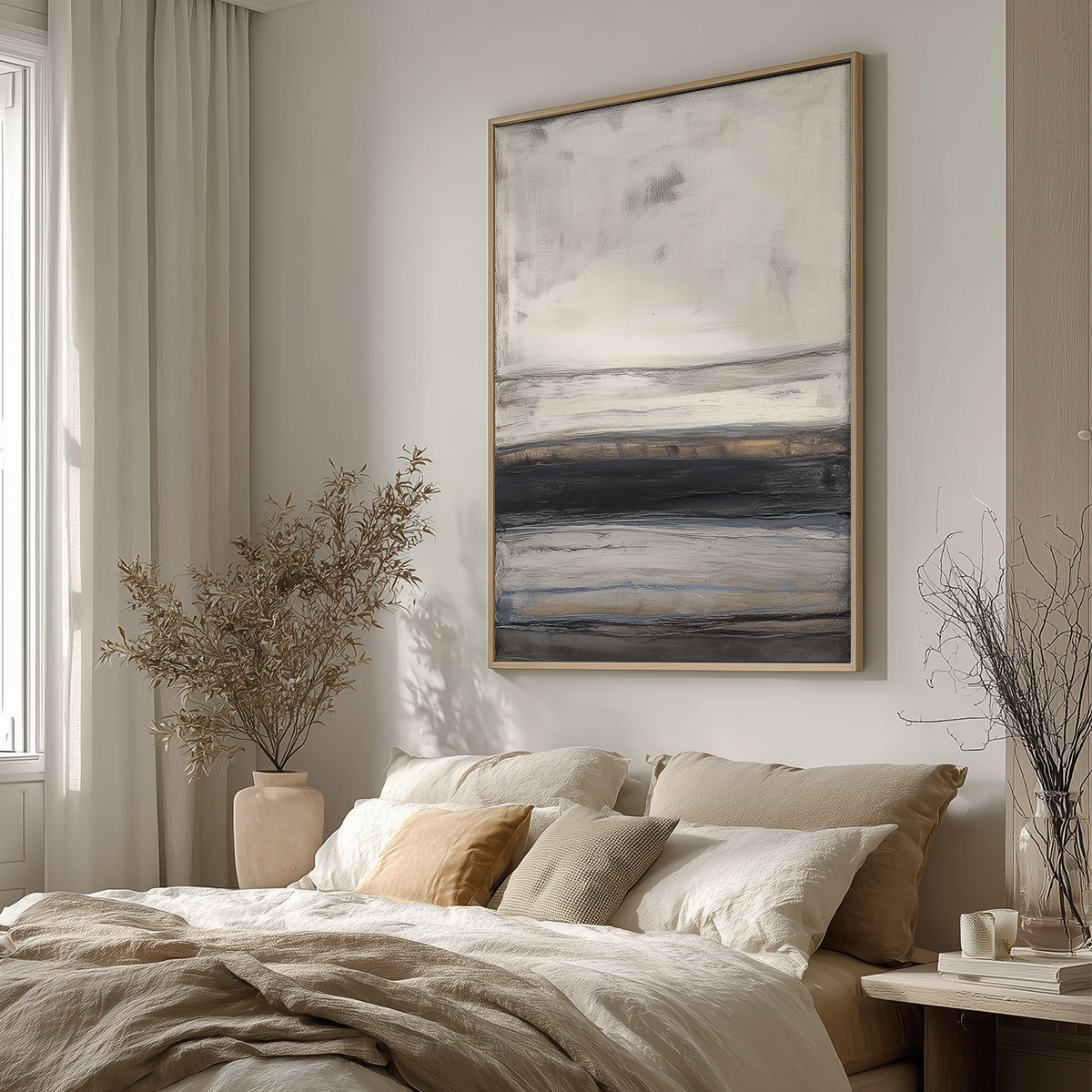 Abstract Horizon Wall Art | Neutral Grey & Gold Canvas