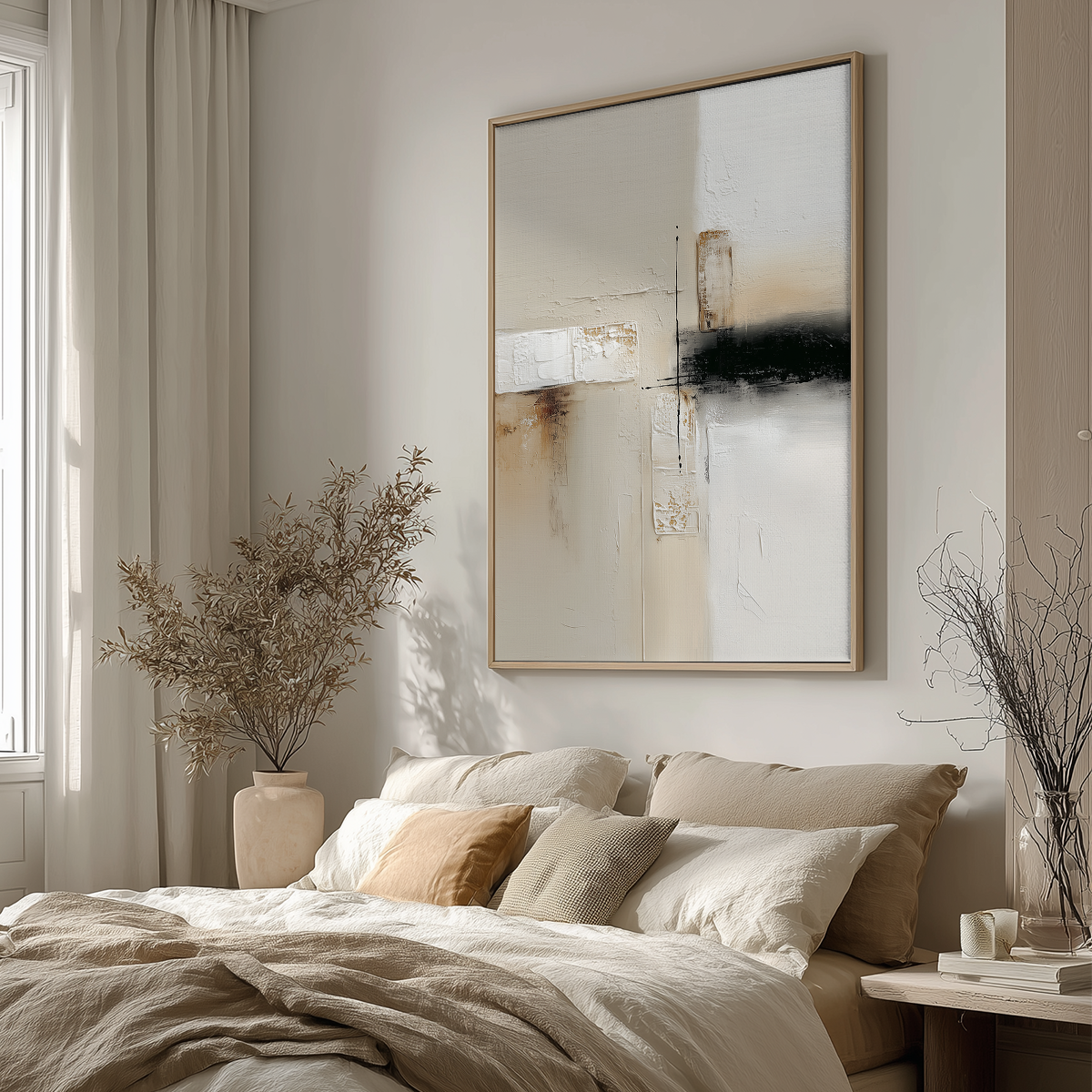 Neutral Abstract Wall Art with Gold Accents | Modern Japandi Textured Canvas | Luxury Minimalist Decor hanging above a bed in a serene, neutral-toned bedroom featuring soft linens and natural decor elements.