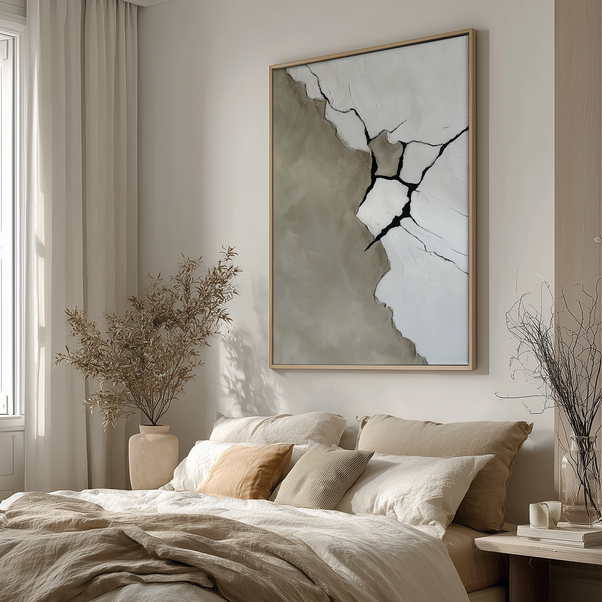 Fractured Silence | Minimalist Abstract Art Print | Canvas & Poster Print featuring neutral toned abstract cracks and shapes in a wooden frame above a beige bed in a modern bedroom with natural decor.
