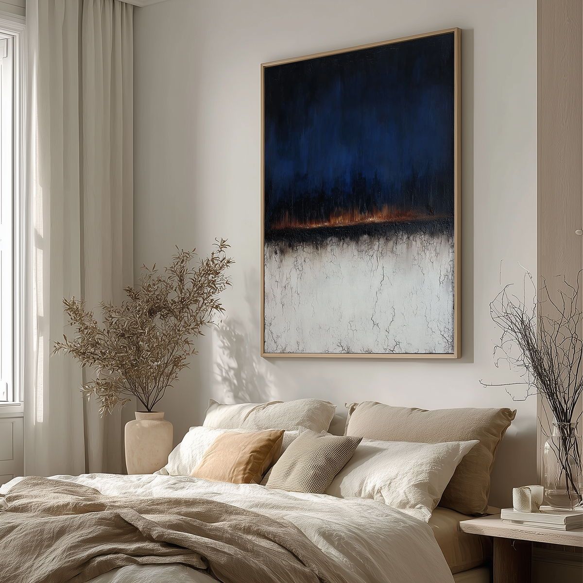 Moody Horizon Abstract Wall Art | Dark Minimalist Landscape Print | Navy & Burnt Orange Decor hanging above a cozy neutral-toned bed in a serene bedroom setting with natural light and dried foliage.