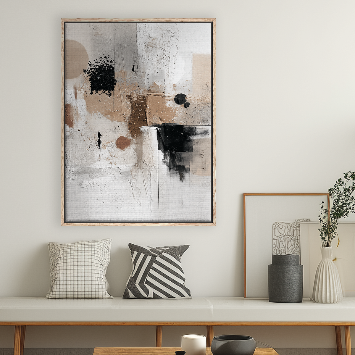 Neutral Textured Abstract Wall Art | Japandi Minimalist Canvas featuring soft beige, black, and white textured brushstrokes in a modern minimalist living room with natural wood frame and neutral decor.