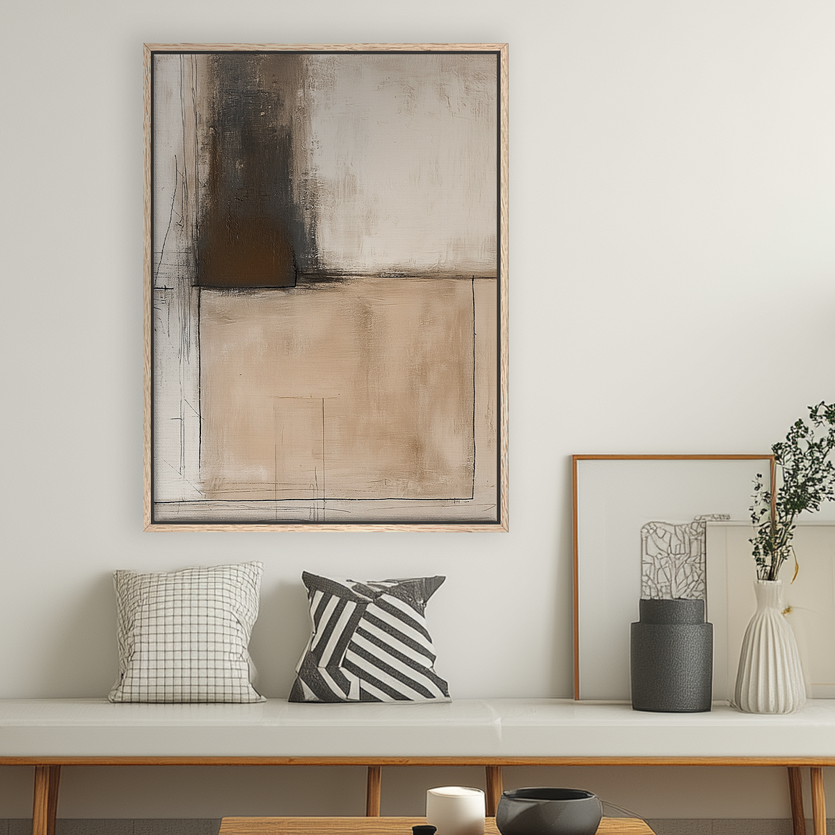 Modern living room with Architectural Abstract Wall Art II | Neutral Minimalist Companion Print | Textured Modern Decor in light wood frame, featuring neutral abstract art above a bench with patterned cushions.