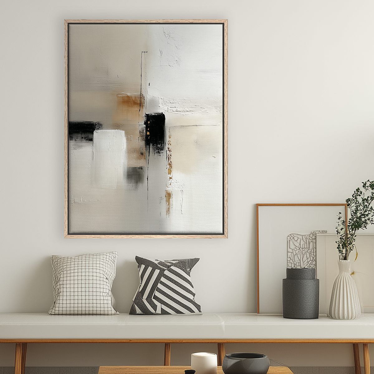 Japandi Abstract Wall Art | Neutral Textured Canvas with Gold Accents | Modern Minimalist Decor hanging above a bench with patterned cushions, styled in a contemporary living room setting.