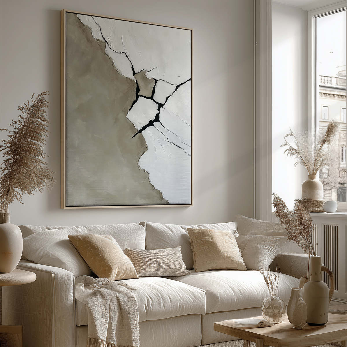Modern living room featuring a neutral-toned minimalist sofa and decor, accentuated by Fractured Silence | Minimalist Abstract Art Print | Canvas & Poster Print hanging above the couch.