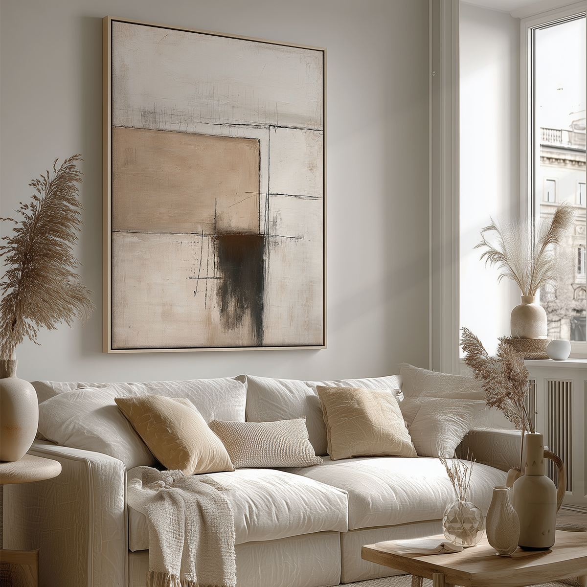 Architectural Abstract Wall Art | Neutral Textured Minimalist Canvas | Wabi-Sabi Modern Decor hanging above a beige sofa in a softly lit living room with neutral-toned cushions and natural dried plants.