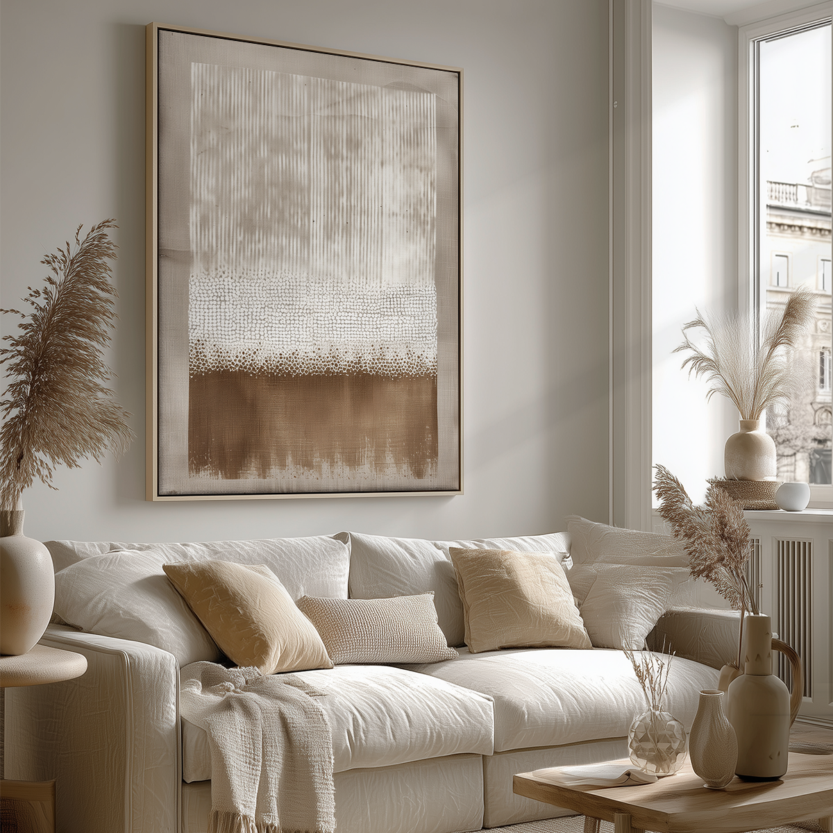 Earth & Linen neutral abstract wall art in an oak frame hanging above a couch