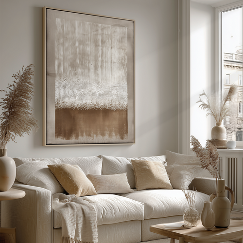 Earth & Linen neutral abstract wall art in an oak frame hanging above a couch