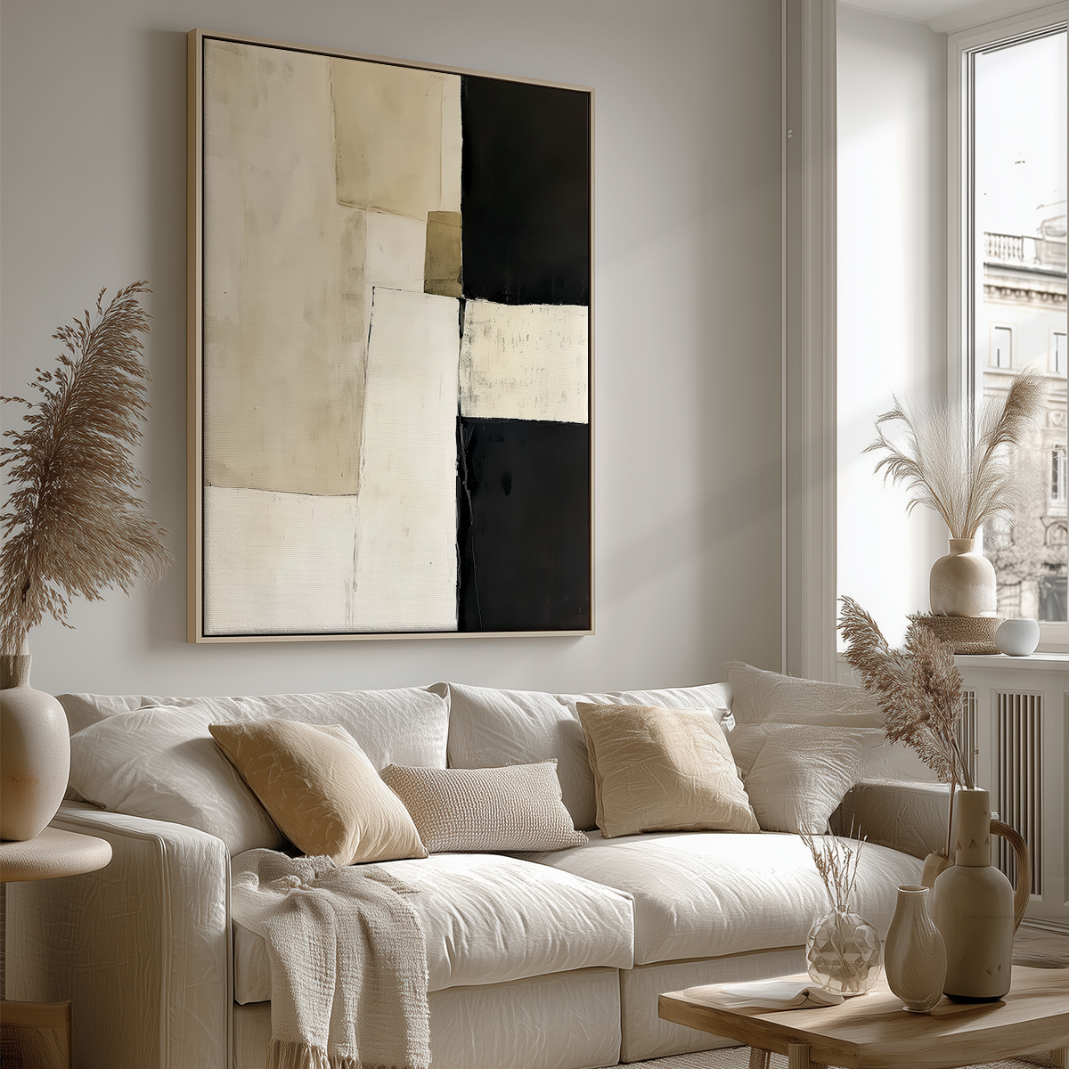 Architectural Abstract Wall Art | Modern Neutral Geometric Canvas | Textured Minimalist Decor hanging above a beige sofa in a bright living room with neutral cushions and natural accents.