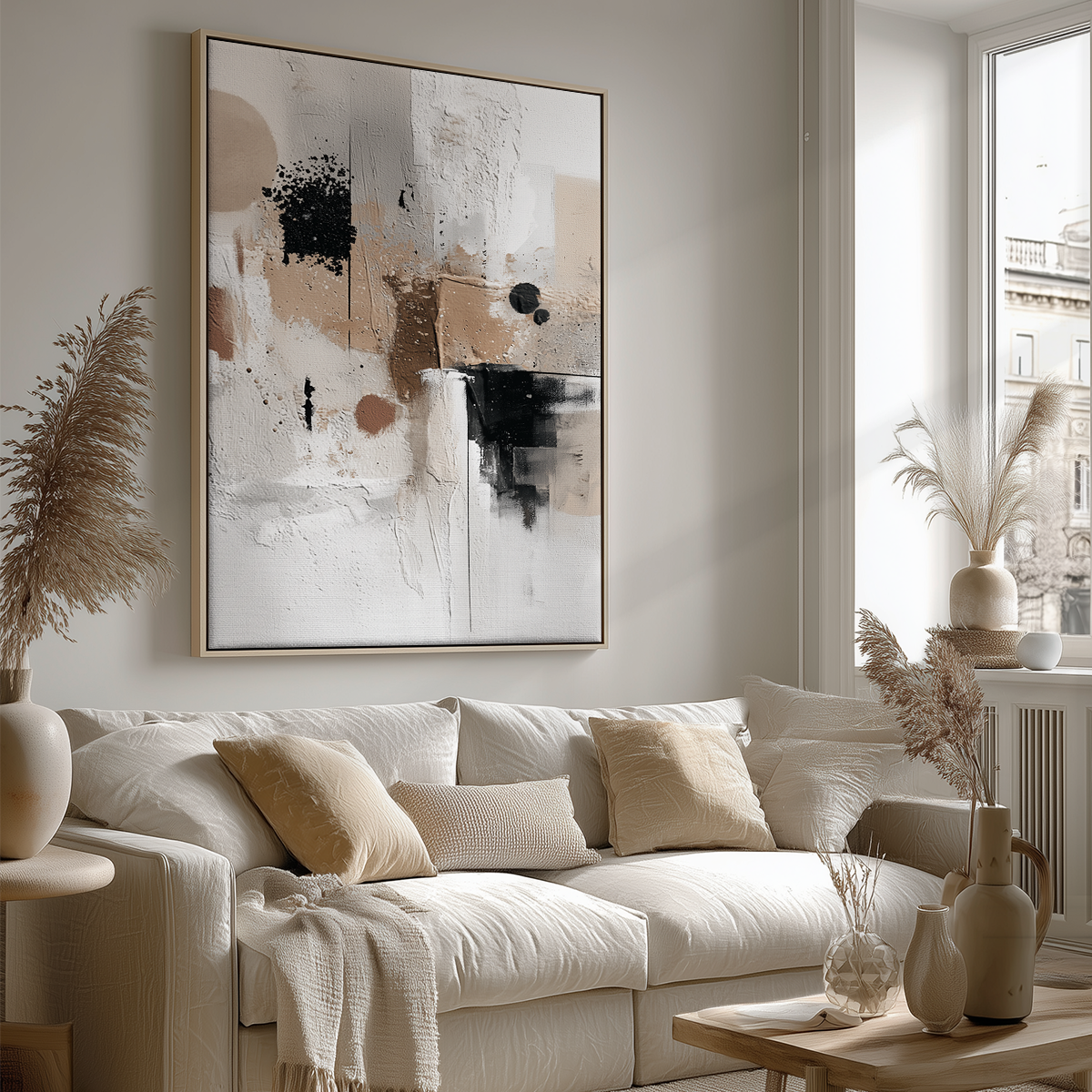 Neutral Textured Abstract Wall Art | Japandi Minimalist Canvas featuring soft beige, black, and white tones hanging above a cream sofa in a modern living room with natural light and dried pampas accents.