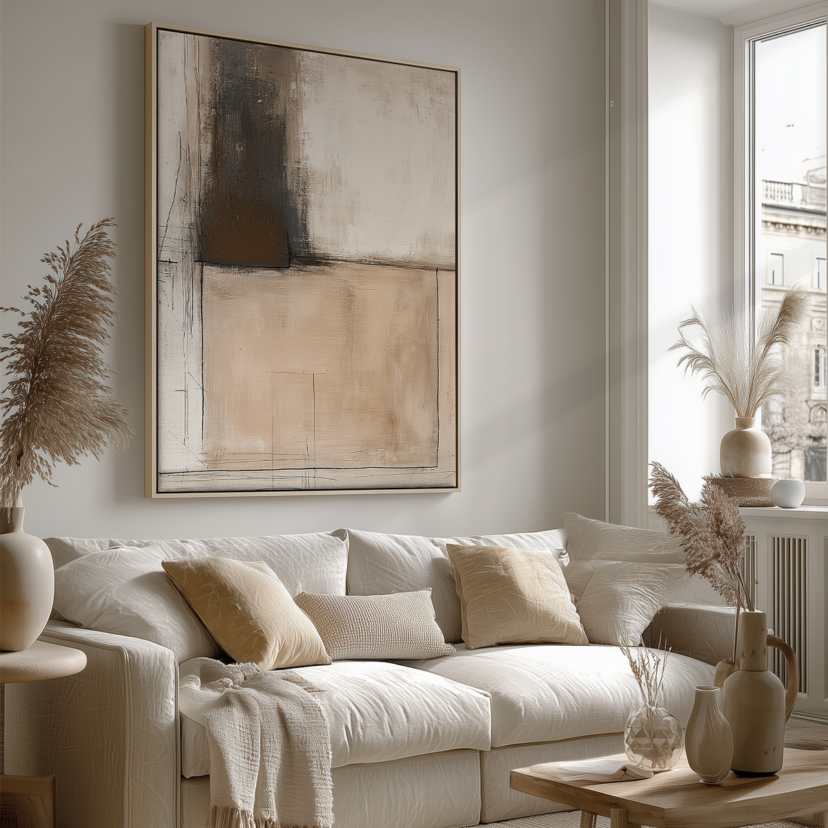 A cozy living room with a neutral color palette features a beige sofa adorned with soft pillows and a textured throw, complemented by dried pampas grass in vases and Architectural Abstract Wall Art II | Neutral Minimalist Companion Print | Textured Modern Decor hanging above.