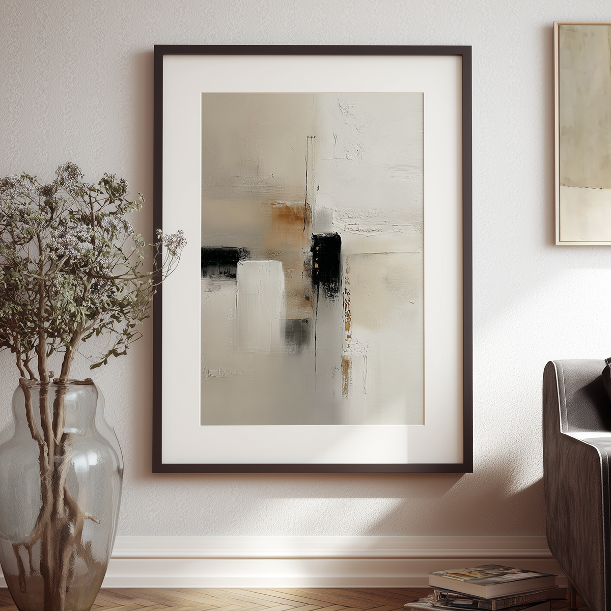Japandi Abstract Wall Art | Neutral Textured Canvas with Gold Accents | Modern Minimalist Decor featuring soft beige and black tones with gold highlights in a sleek black frame beside a glass vase and modern sofa.