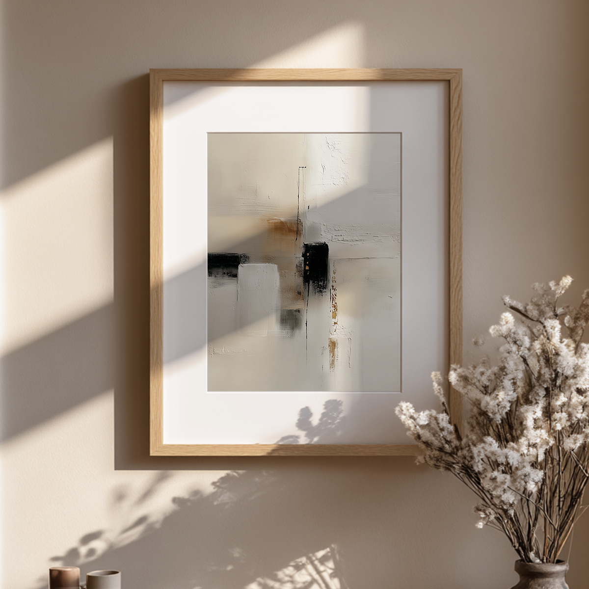 Japandi Abstract Wall Art | Neutral Textured Canvas with Gold Accents | Modern Minimalist Decor featuring soft beige and black abstract shapes with subtle gold highlights in a natural wood frame beside dried flowers.