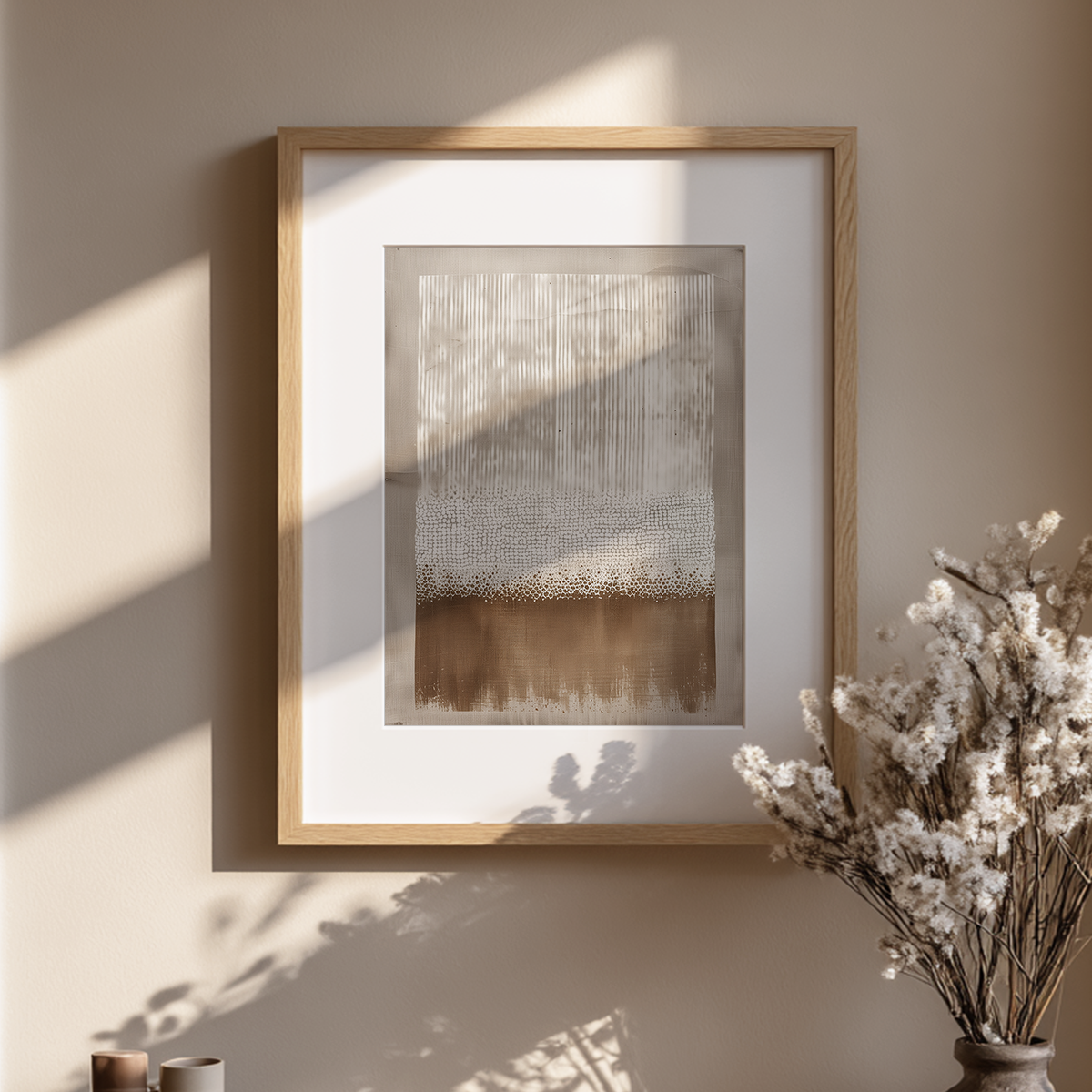 A framed abstract art print with a light wood frame and white mat, hanging on a beige wall. The artwork features textured brushstrokes in beige, brown, and gray.
