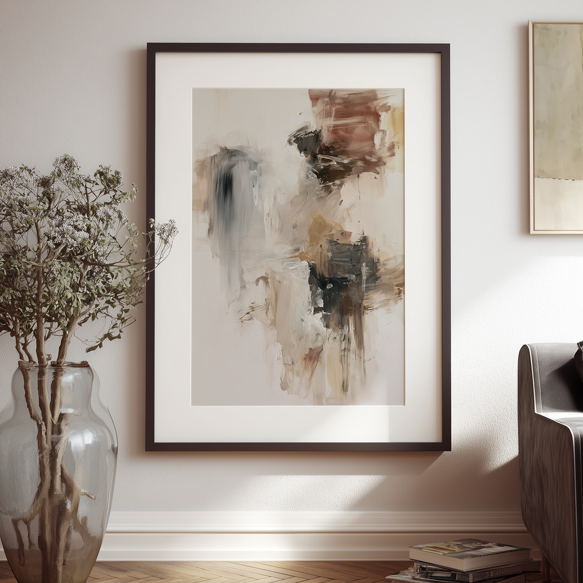 A framed abstract painting hangs on a beige wall in a styled interior. The artwork features soft brushstrokes in beige, brown, gray, and black tones.